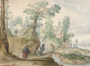 Uma paisagem de rio arborizada com uma igreja e figuras, ca. 1613. de Hendrick Avercamp