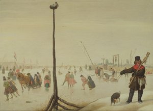 Um caçador de patos e seu cachorro em uma paisagem de inverno (painel) de Hendrick Avercamp