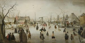 Neerlandês: Entretenimento no gelo numa aldeia Cena de gelo de Hendrick Avercamp