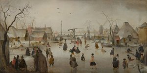 Neerlandês: Entretenimento no gelo numa aldeia Cena de gelo de Hendrick Avercamp
