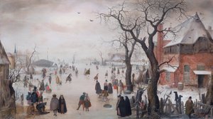 Holandês: Paisagem de inverno com patinadores perto de uma aldeia Paisagem de inverno com patinadores perto de uma aldeia de Hendrick Avercamp