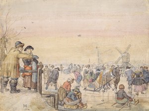 Aproveitando o gelo, 1630 (caneta e wc no papel) de Hendrick Avercamp