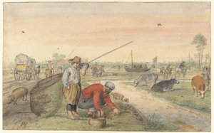 Paisagem com dois pescadores de enguias por uma vala de Hendrick Avercamp