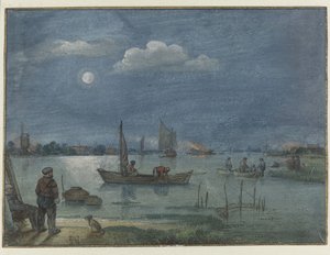 Paisagem do rio enluarada com pescadores de Hendrick Avercamp