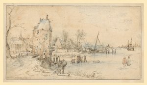 Localidade com torre de vigia e igreja à beira do lago de Hendrick Avercamp