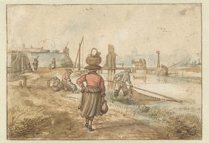 Paisagem fluvial com uma mulher carregando uma cesta na cabeça, pescadores e outras figuras perto das muralhas de uma cidade de Hendrick Avercamp