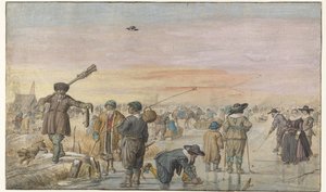 Cena de inverno no gelo, com um caçador mostrando uma lontra de Hendrick Avercamp