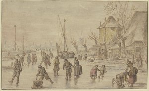 Paisagem de inverno, com muitos patinadores no gelo; à direita, um homem está a apertar os patins de uma mulher