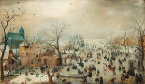 Paisagem do inverno com skatistas. Por volta de 1608