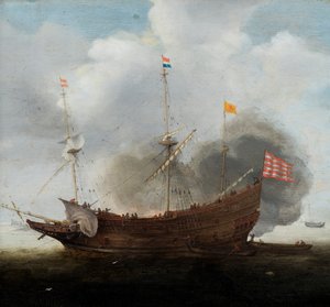 Um navio de guerra (óleo sobre painel) de Hendrick Cornelisz Vroom