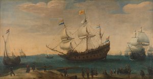 Navios das Índias Orientais ao largo de uma costa, c.1600-30 (óleo sobre tela) de Hendrick Cornelisz Vroom