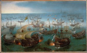 Batalha marítima entre a Armada Espanhola e as forças navais inglesas (óleo sobre tela)