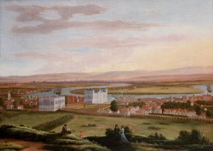 Vista de Greenwich e da Casa da Rainha a partir de sudeste, cerca de 1670, com a Old Woolwich Road a passar por baixo da Casa da Rainha à esquerda e a King