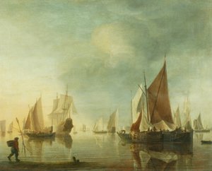 Navio ancorado ao largo num mar calmo; luz do entardecer, c.1650-60 (óleo sobre painel) de Hendrick Dubbels