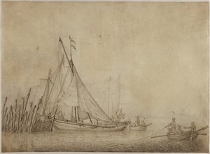 Navios num açude de pesca com uma cidade em fundo de Hendrick Dubbels