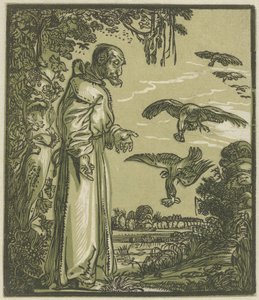 Paulo, o Eremita (Elias?) alimentado por corvos de Hendrick Goltzius (attributed to)