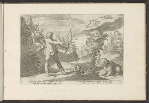 Arcas aponta a sua flecha para Callisto
Metamorfoses de Ovid (título da série)
Recriações de P. Ovidius Naso (título da série) de Hendrick Goltzius (workshop of)