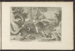 Cadmus mata o dragão Metamorfoses de Ovídio (título da série) Recriações de P. Ovidius Naso (título da série) de Hendrick Goltzius (workshop of)
