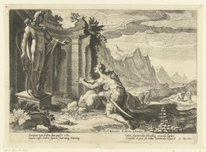 Cadmus pergunta ao oráculo de Delfos o que fazer agora que ele não conseguiu encontrar a sua irmã Europa
Metamorfoses de Ovid (título da série) de Hendrick Goltzius (workshop of)