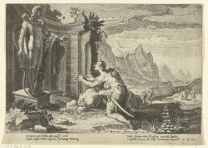 Cadmus pergunta ao oráculo de Delfos o que fazer agora que ele não conseguiu encontrar a sua irmã Europa
Metamorfoses de Ovid (título da série) de Hendrick Goltzius (workshop of)