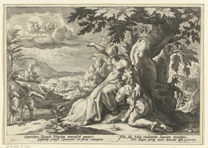 Clymene aponta a Phaëthon o seu pai, o deus sol
Metamorfoses de Ovid (título da série) de Hendrick Goltzius (workshop of)