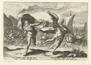 A cornija se transforma em um een ​​kraai Netuno em Coronis Metamorfosen de Ovídio (título da série) de Hendrick Goltzius (workshop of)
