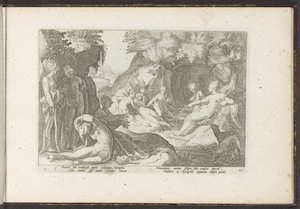 Diana descobre a gravidez de Callisto . Metamorfoses de Ovídio (título da série) Recriações de P. Ovidius Naso (título da série) de Hendrick Goltzius (workshop of)