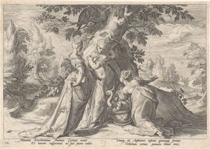 Filhas de Cecrops abrem a cesta de Minerva. Metamorfoses de Ovídio (título da série) de Hendrick Goltzius (workshop of)