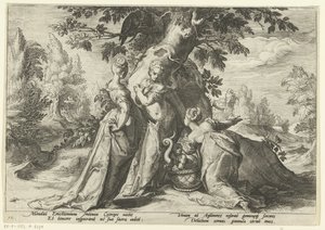 Filhas de Cecrops abrem a cesta de Minerva. Metamorfoses de Ovídio (título da série) de Hendrick Goltzius (workshop of)