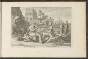 Juno aproxima-se de Semele com o disfarce de Beroë
Metamorfoses de Ovid (título da série)
Recriações de P. Ovidius Naso (título da série) de Hendrick Goltzius (workshop of)