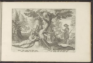 Mercúrio em Battus Metamorfosen de Ovídio (título da série) Herscheppingen van P. Ovidius Naso (título da série) de Hendrick Goltzius (workshop of)