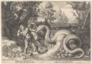 Companheiros de Cadmus devorados por um dragão
Metamorfoses de Ovid (título da série) de Hendrick Goltzius (workshop of)