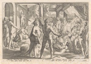 Phaëthon pergunta a Apollo se ele pode montar na sua carruagem
Metamorfoses por Ovid (título da série) de Hendrick Goltzius (workshop of)