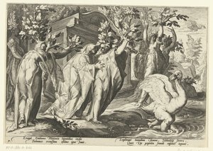 As irmãs de Phaeton transformam-se em choupos e o seu amigo em cisne
Metamorfoses de Ovid (título da série) de Hendrick Goltzius (workshop of)