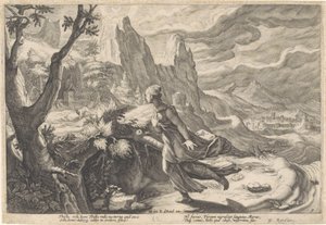 Thisbe foge da leoa Metamorfoses de Ovídio (título da série) de Hendrick Goltzius (workshop of)