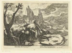 Thisbe foge de um leão Metamorfoses de Ovídio (título da série) de Hendrick Goltzius (workshop of)