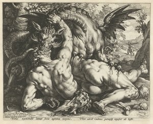 Um dragão devorando os companheiros do Cadmus
Companheiros de Cadmus devorados por um dragão de Hendrick Goltzius