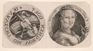 Busto de uma mulher segurando uma flauta e instrumentos musicais, numa folha de Hendrick Goltzius