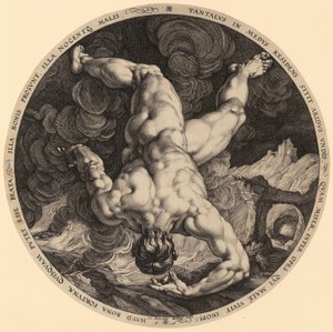 Queda de Tântalo, prancha 1 da série «Os quatro assaltantes do céu» de Hendrick Goltzius