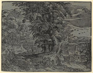 Paisagem com casal sentado e pastor, prancha 2 da série «Quatro pequenas paisagens» de Hendrick Goltzius