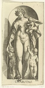 Amor
Caridade (título sobre o objecto)
As sete virtudes (título da série) de Hendrick Goltzius