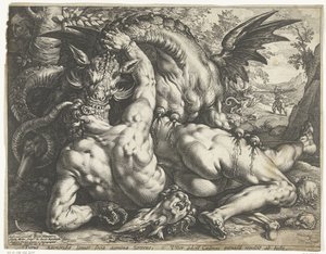 Companheiros de Cadmus devorados por um dragão de Hendrick Goltzius
