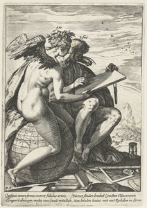 Exercício e Arte (Ars/Usus) A recompensa do trabalho, diligência, prática e arte (título da série) de Hendrick Goltzius