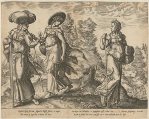 Orfa despede-se de Rute e de Noemi [página 1] e Rute perante Boaz no campo [página 2], páginas 1 e 2 da série «A História de Rute» de Hendrick Goltzius
