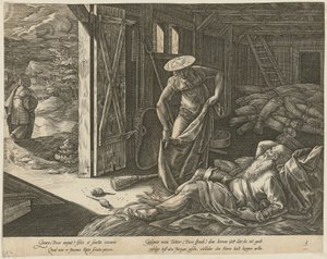Rute e Boaz no celeiro, página 3 da série «A História de Rute» de Hendrick Goltzius