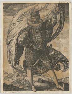 Porta-bandeira em pé, com a cabeça virada para a esquerda de Hendrick Goltzius