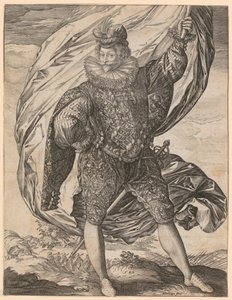 Porta-estandarte de pé, com a cabeça virada para a esquerda de Hendrick Goltzius
