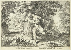 Teiresias ataca duas cobras em acasalamento com seu cajado de Hendrick Goltzius