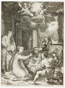 A Adoração dos Pastores, placa três de O Nascimento e Início da Vida de Cristo de Hendrick Goltzius