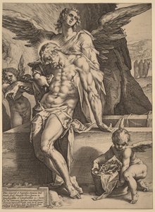 O corpo de Cristo amparado por anjos de Hendrick Goltzius